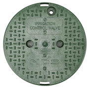 Green irrigation control valve cover with 'Irrigation Control Valve' text on a white background