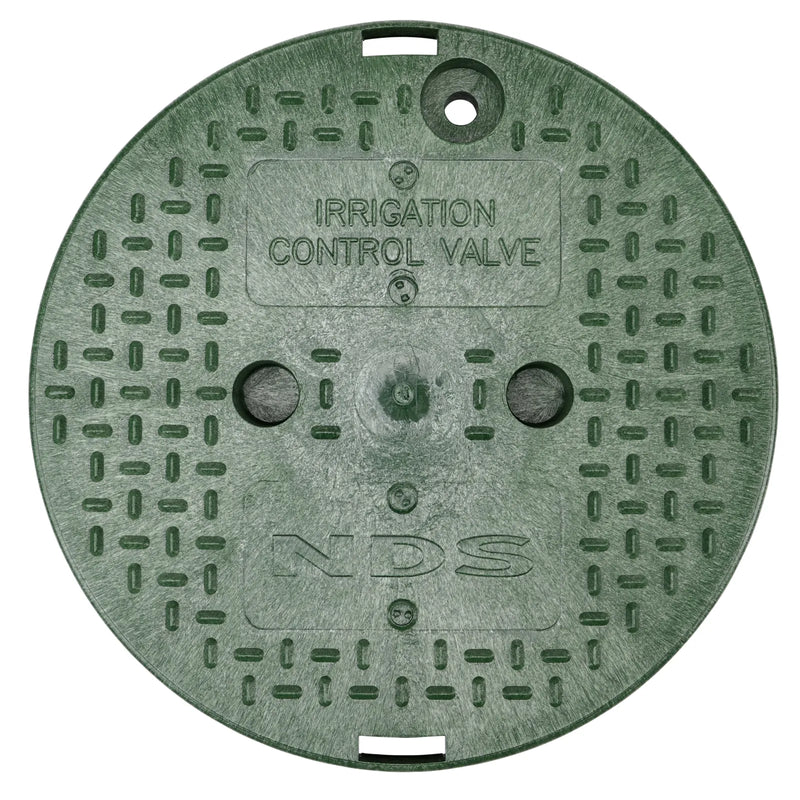 Green irrigation control valve cover with 'Irrigation Control Valve' text on a white background