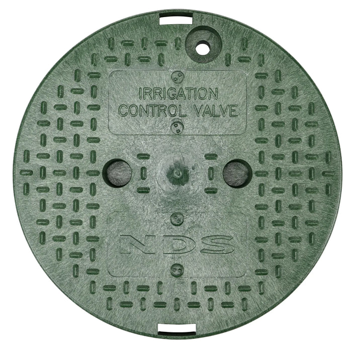 Green irrigation control valve cover with 'Irrigation Control Valve' text on a white background