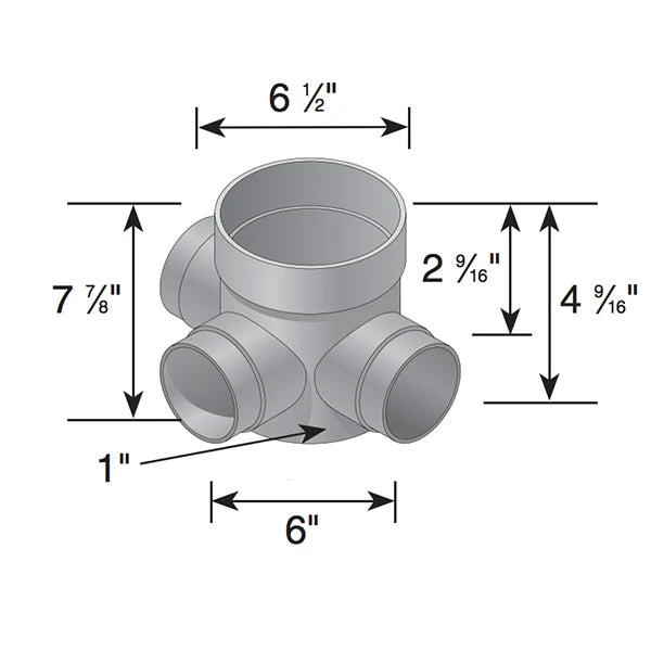 Diagram of a four-way plumbing tee with dimensions labeled