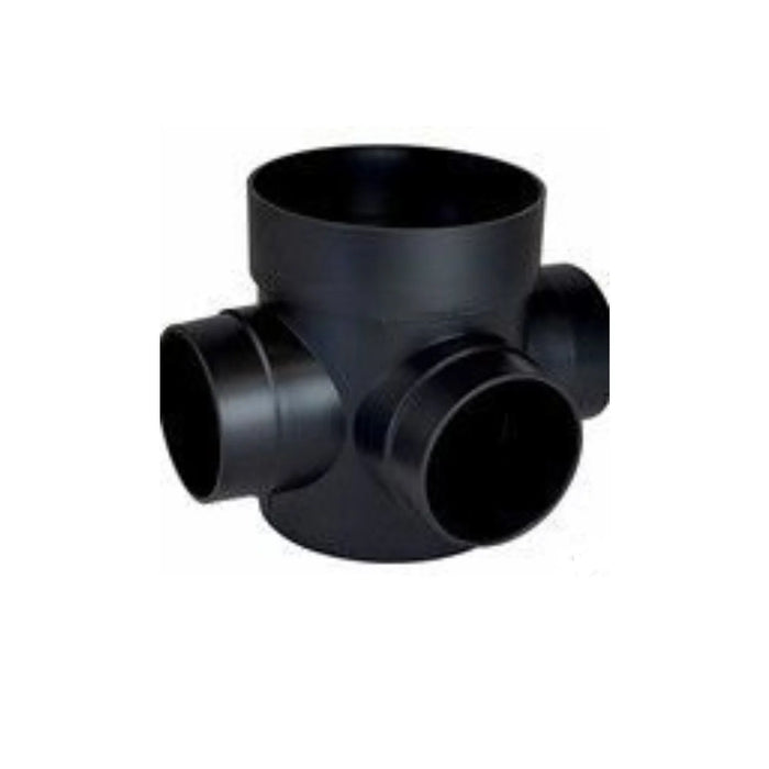 Black plastic pipe fitting on a white background