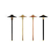 Four outdoor pathway lights with different colored shafts on a white background