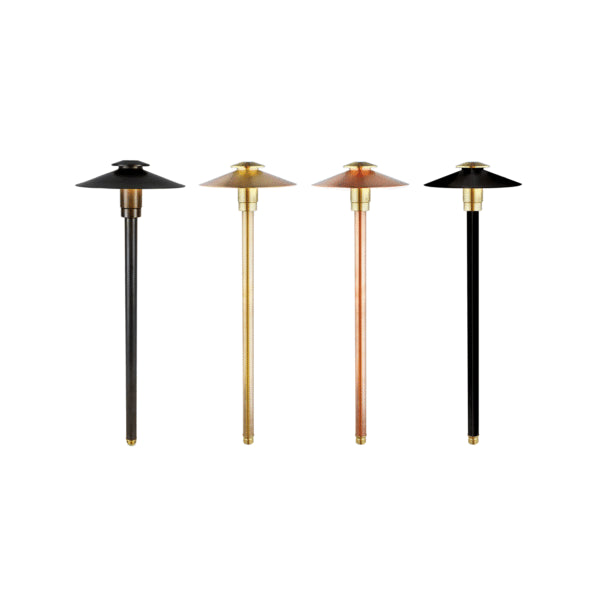 Four outdoor pathway lights with different colored shafts on a white background