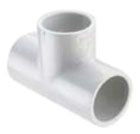 A white PVC tee fitting with three connections of differing diameters.