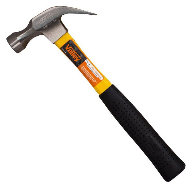 A 16 oz Christy brand hammer with a smooth face and a curved claw, featuring a fiberglass handle.