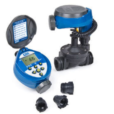 A single station battery irrigation controller with a digital LCD screen, accompanied by an inline valve and additional components.