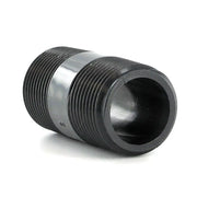 Black threaded metal fitting on a white background