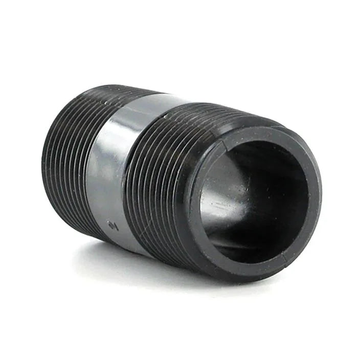 Black threaded metal fitting on a white background