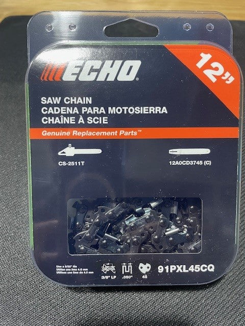 Packaged ECHO saw chain on a dark surface