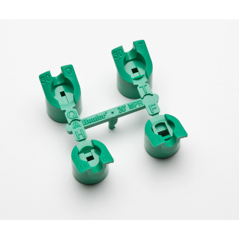 Hunter I-20 Rotor Nozzle MPR 30, Green matched precipitation nozzle rack with all 30' radius nozzles; includes a quarter-, third-, half-, and full-circle nozzle