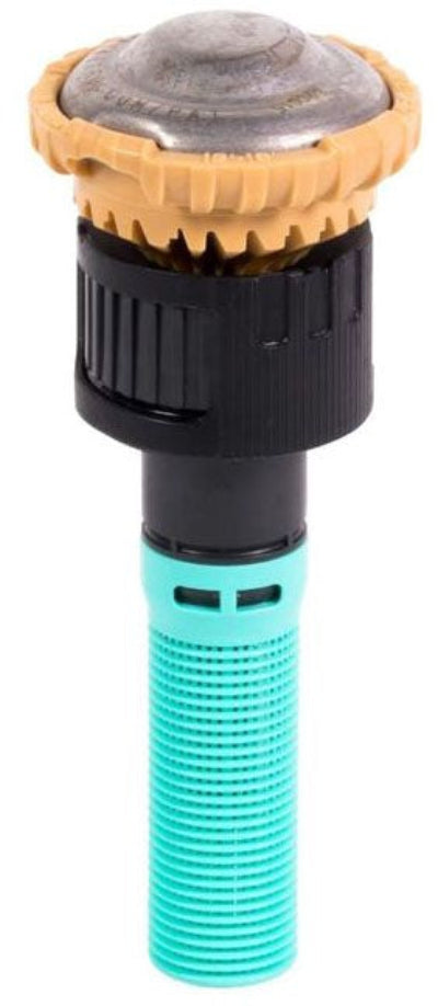 A Rain Bird R VAN18 rotating sprinkler nozzle with a black body, yellow top, and blue pop-up tube.