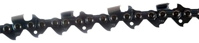 Close-up of a chain saw chain with teeth and links