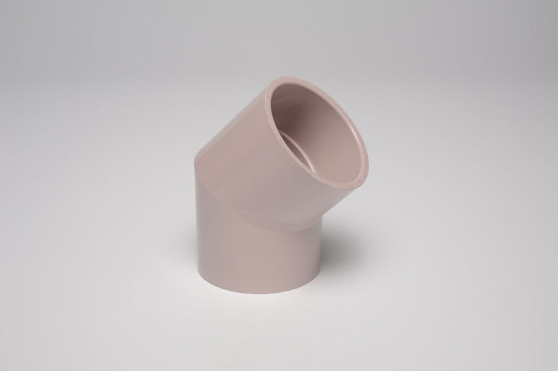 A beige 1-1/4 inch 45 degree elbow PVC fitting for irrigation systems.