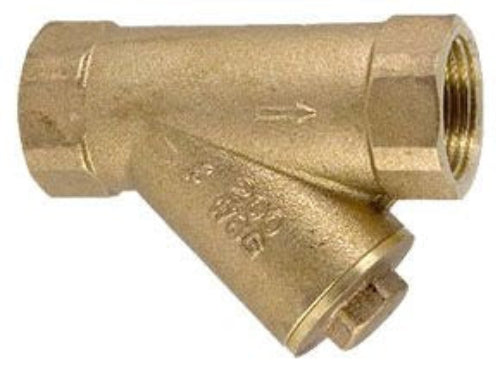 A brass Y-strainer with a 1-1/2 inch size, featuring a stainless steel mesh/screen for filtering, and threaded ends for plumbing connections.