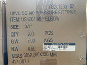 A cardboard shipping box for UPVC SCH40 pressure fittings, specifically a 45-degree elbow, size 3/4 inch. The box contains 200 pieces and has printed specifications, weight, and a white barcode label from Zero Centre Pointe.