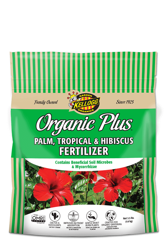 Bag of KELLOGG Organic Plus Palm, Tropical & Hibiscus Fertilizer with a picture of a hibiscus flower and branding details