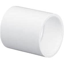A white 4 inch PVC coupling pipe fitting, SCH40.