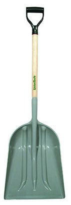 A green poly scoop with a square head, attached to a D-grip wooden handle.
