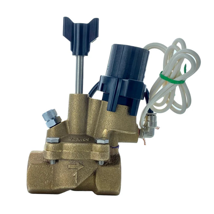 Brass valve with blue actuator and white cable on a white background