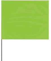 A 4 inch by 5 inch fluorescent lime green wire staff marking flag with an embossed suede/matte finish on a white background.