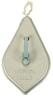 A silver-colored chalk line reel with a rewind handle and the brand name 'IRWIN' visible on the case.