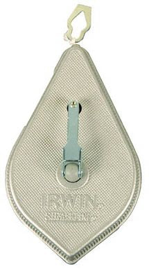 A silver-colored chalk line reel with a rewind handle and the brand name 'IRWIN' visible on the case.
