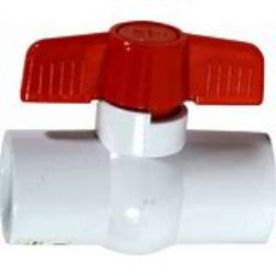 1-inch PVC molded-in-place ball valve with a red 2-sided handle and white body.
