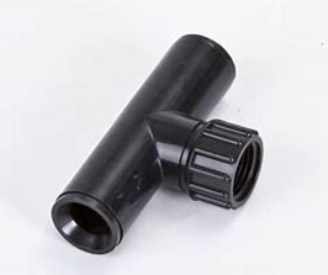 Black plastic T-shaped fitting on a white background