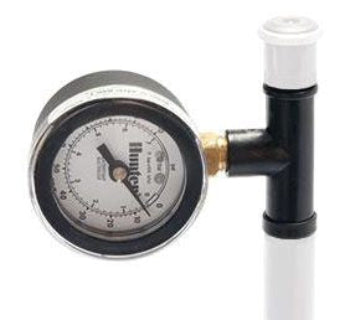 Hunter brand pressure gauge with a silver bezel, black body, and a white adapter, featuring a dial for measuring pressure.