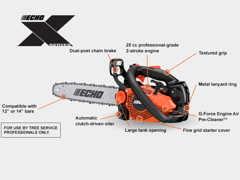 Echo chainsaw with features highlighted on a white background