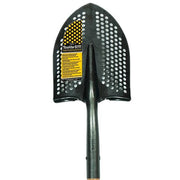 Black perforated shovel with yellow label on a white background