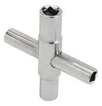 A silver four-way key for irrigation systems, made of stainless steel, with sizes 1/4 inch, 9/32 inch, 5/16 inch, and 11/32 inch marked on it.