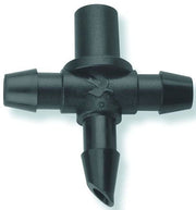 A black plastic barb tee fitting used for landscape irrigation.