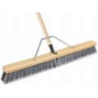 A 24 inch push broom with a 58 inch wooden handle and plastic bristles, including a metal brace.