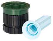 An image showing a Rain Bird sprinkler spray nozzle with a green top, black body, and a blue filter screen, along with a close-up of the nozzle's opening.