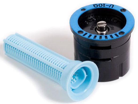 A Rain Bird sprinkler spray nozzle with a blue top and black body, accompanied by a detachable blue filter.