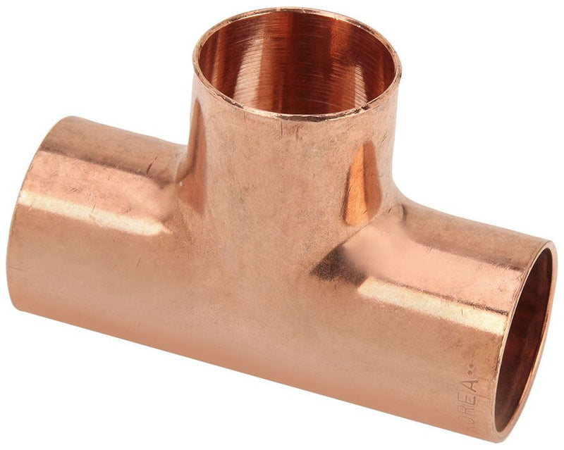 A copper tee fitting with soldered ends for plumbing or irrigation.