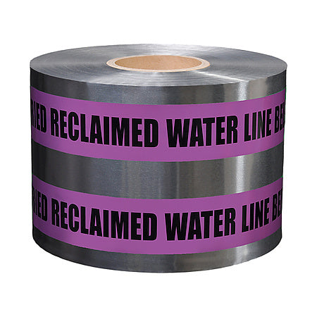 A roll of detectable purple recycling and marking tape with text indicating it is for recycled water line detection.