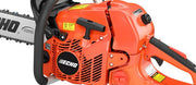 Close-up of a red Echo chainsaw on a white background
