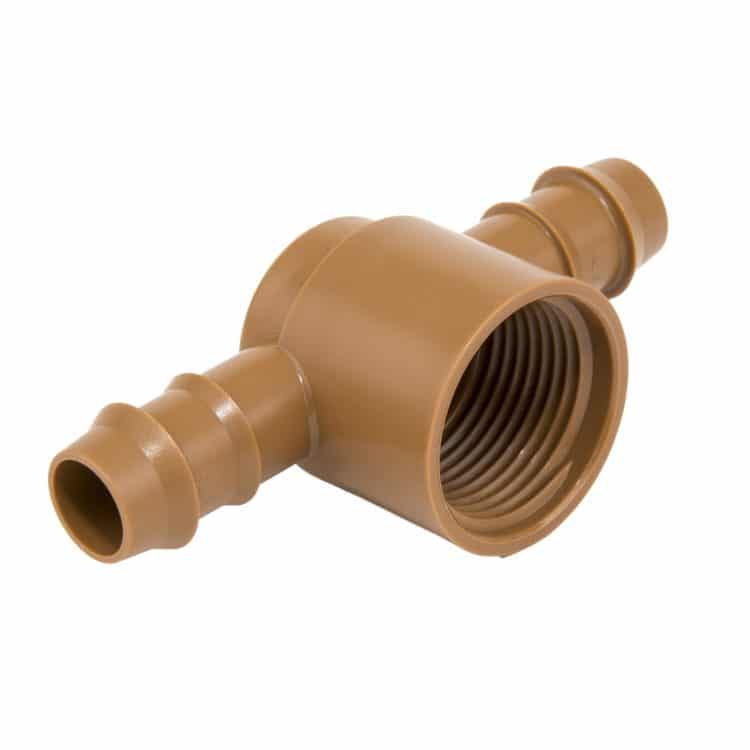  3/4 Tee Female Adapter With Barb x 17mm .600" ID Insert Connector, Brown