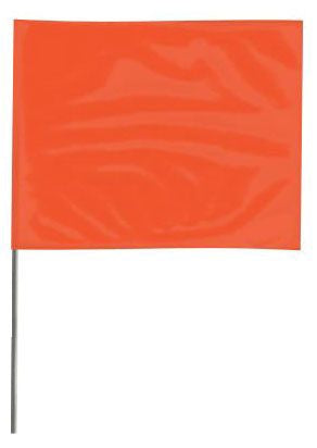 An orange wire staff marking flag with a 15-inch wire staff.