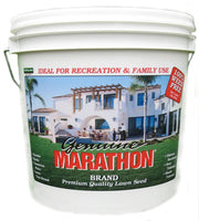 A white bucket of Marathon I Lawn Grass Seed with a label showing an image of a house with a green lawn. The bucket is marked as 5 pounds and is labeled 'Premium Quality Lawn Seed'.