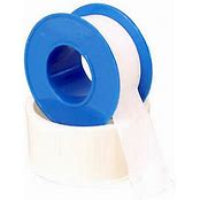 A roll of white thread seal tape with blue accents, typically used for plumbing.