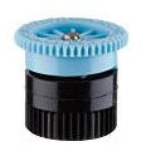Adjustable spray nozzle for a sprinkler system with a blue top and black body.