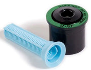 Rain Bird U-8F sprinkler spray nozzle with a black body and green detailing, accompanied by a blue mesh screen part.