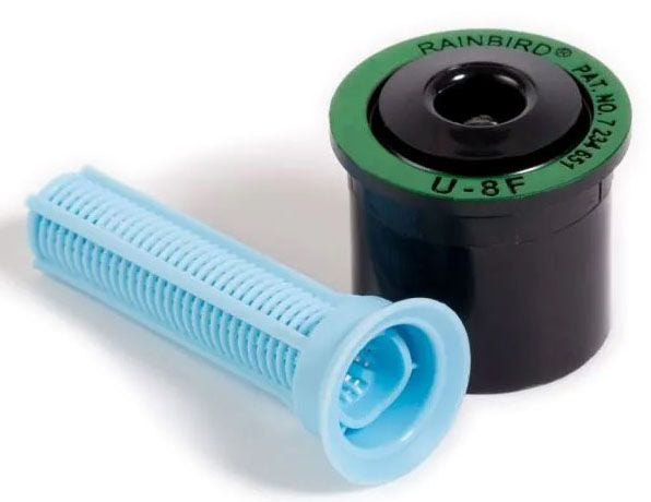 Rain Bird U-8F sprinkler spray nozzle with a black body and green detailing, accompanied by a blue mesh screen part.