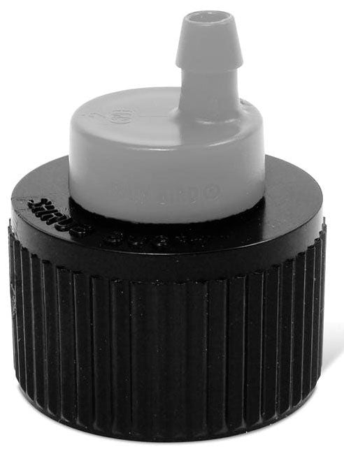 A black plastic Rain Bird XT025 1/4" Barb X 1/2" FTP Thread Connector for drip irrigation.