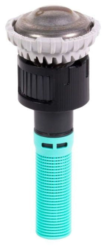 A Rain Bird R-VAN rotary sprinkler nozzle with a black head mounted on a blue pop-up arm.