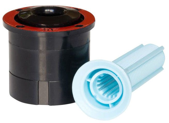 An image showing two parts of a sprinkler spray nozzle. One part is black with a red rim and the other is blue with a white filter screen.