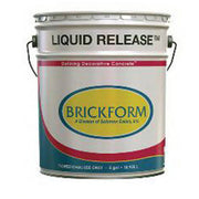 A 5-gallon bucket of Brickform Liquid Release with a label that includes the product name and the company logo.